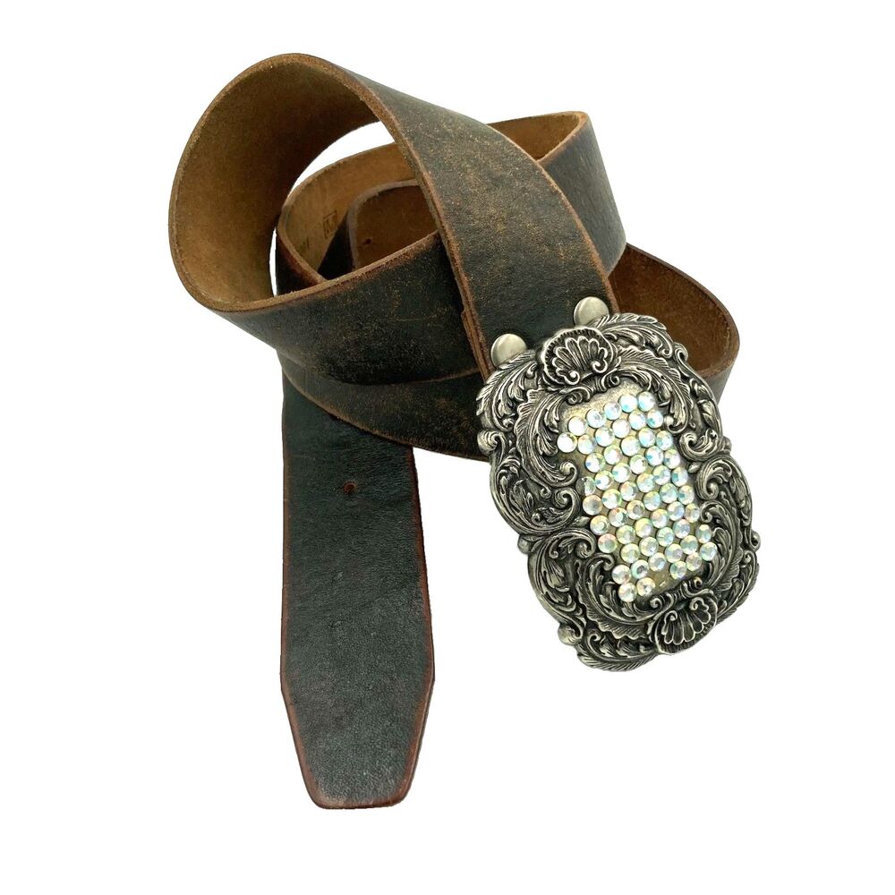 Fossil Womens Vintage Jeweled Plaque Belt Black Leather Rhinestone BT2865001 M